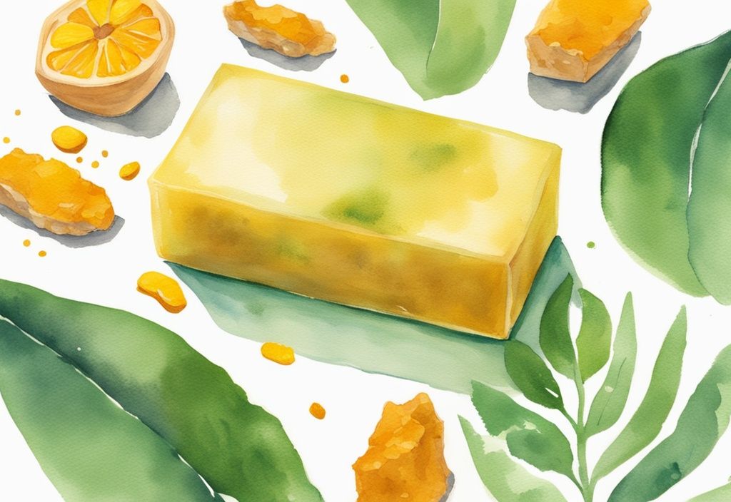 Modern watercolor illustration of a clear-skinned person holding a vibrant turmeric soap bar with turmeric chunks, surrounded by floating turmeric roots and leaves, highlighting turmeric soap benefits for skin.