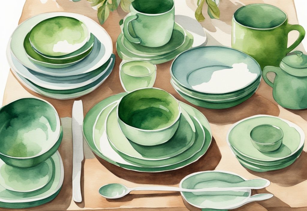 Modern watercolor illustration of green-themed non-toxic dinnerware sets from various brands arranged on a dining table.