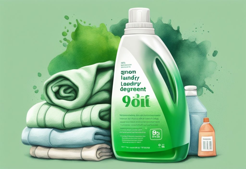 Modern watercolor illustration of 9 Elements laundry detergent bottle on folded clothes highlighting non-toxic properties