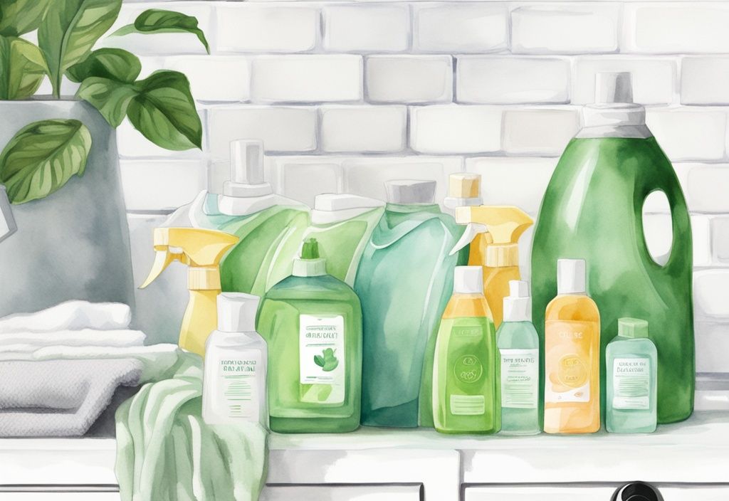 Modern watercolor illustration of colorful non-toxic laundry scent boosters on a white laundry room shelf with fresh clean laundry in the background