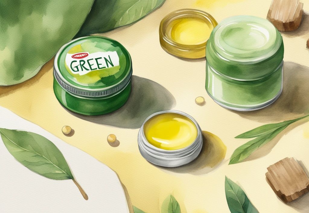 Modern watercolor illustration of Carmex lip balm jar with carmex ingredients like beeswax, petroleum jelly, and camphor against a soft blurred background.