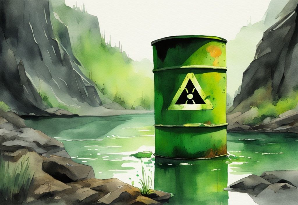 Modern watercolor illustration of a corroded metal barrel with radioactive symbol leaking glowing green substance into a pristine river, vibrant green colors, environmental pollution concept