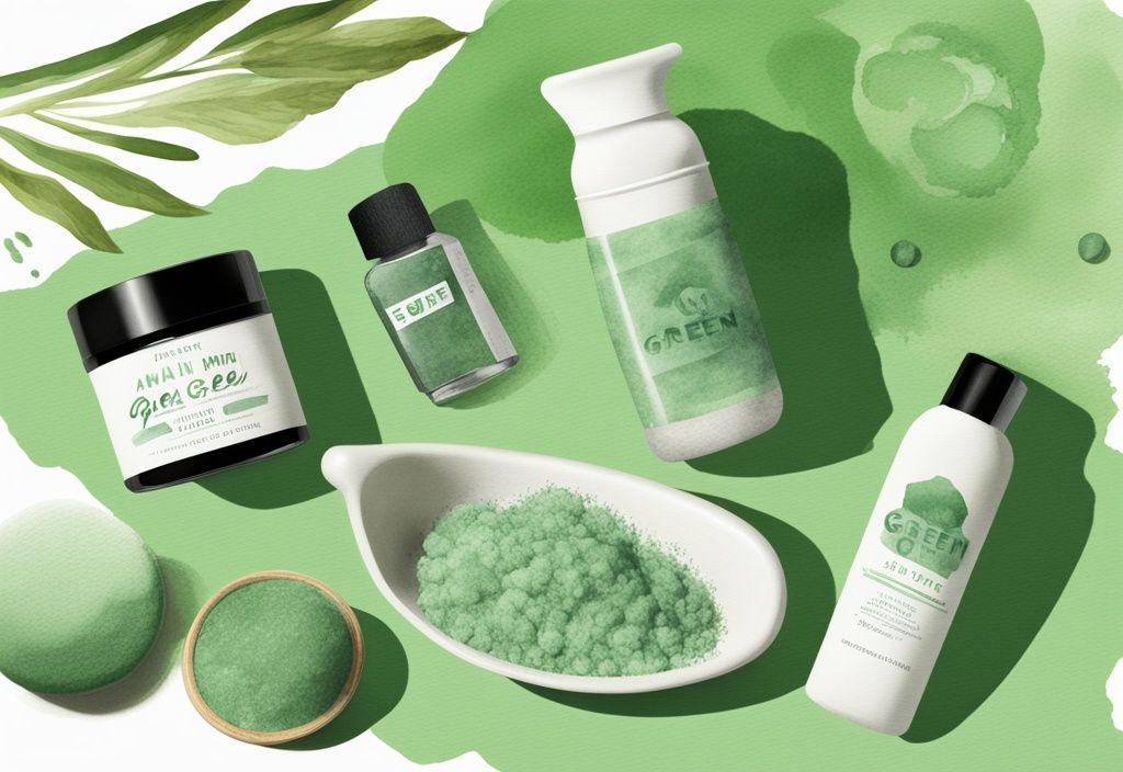 Modern watercolor illustration of green-themed natural salt and stone deodorants and powders, emphasizing non-toxic qualities.