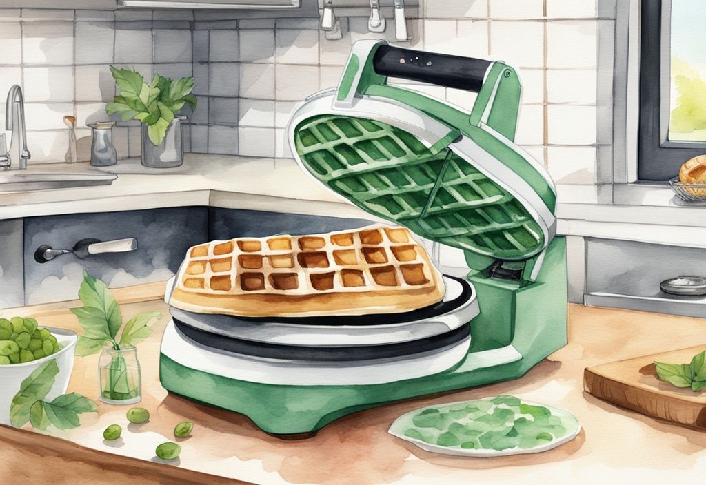 Modern green watercolor illustration of a non-toxic waffle maker in a pristine kitchen with waffles cooking inside.