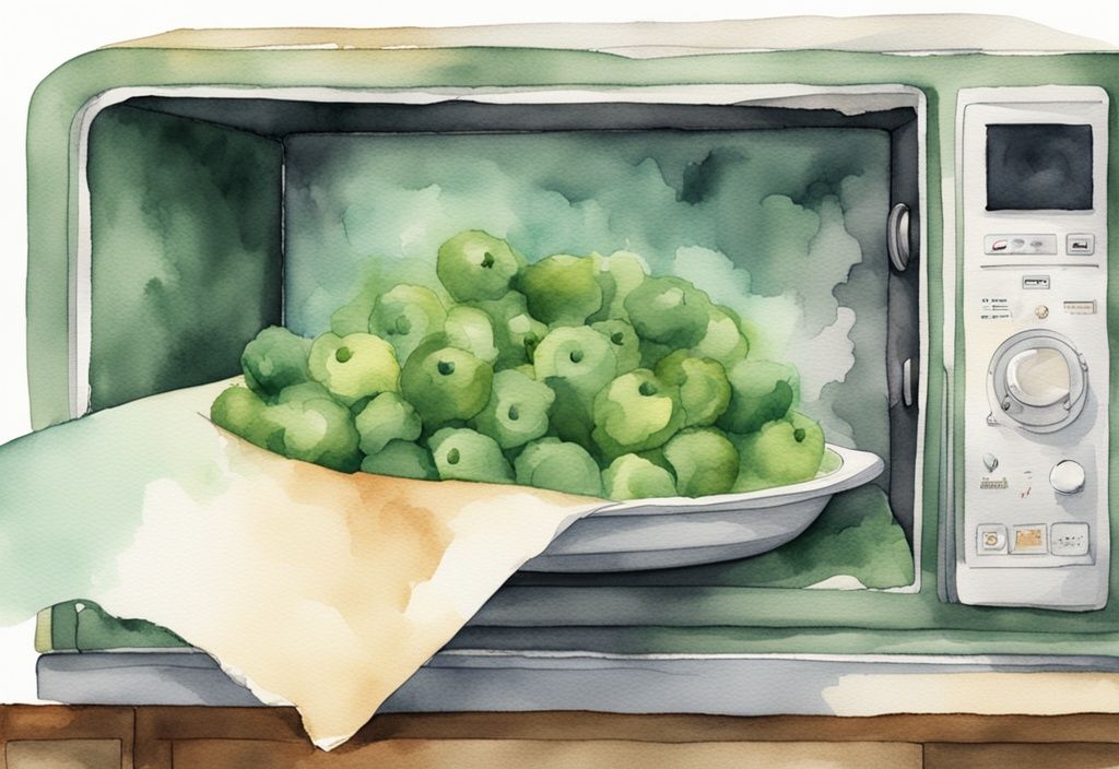 Modern watercolor illustration of an open microwave with rolled parchment paper inside, green color theme