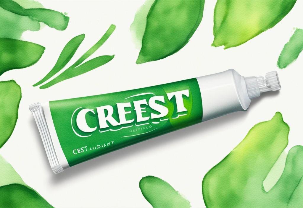 Modern watercolor illustration of Crest toothpaste tube with green checkmark emblem, symbolizing Crest cruelty-free status.