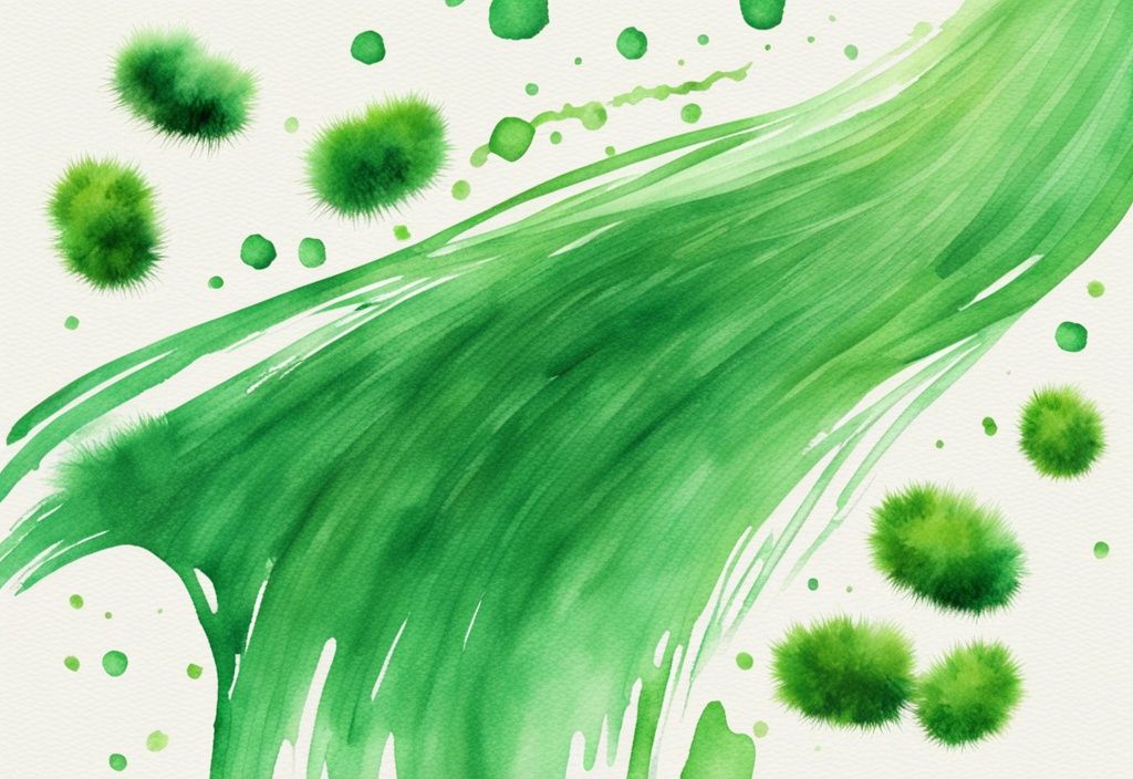 Modern watercolor illustration showing hair with dandruff before and after using native shampoo, green theme.