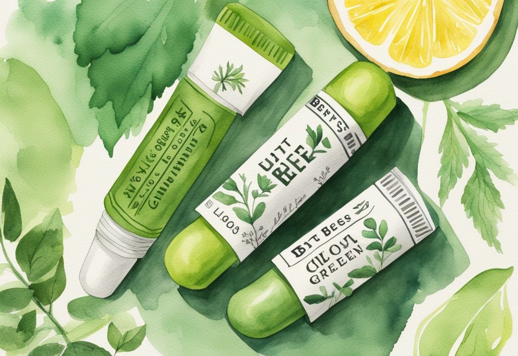 Modern watercolor illustration of Burt's Bees chapstick ingredients in green theme, close-up of chapstick with natural ingredients artistically arranged around it.