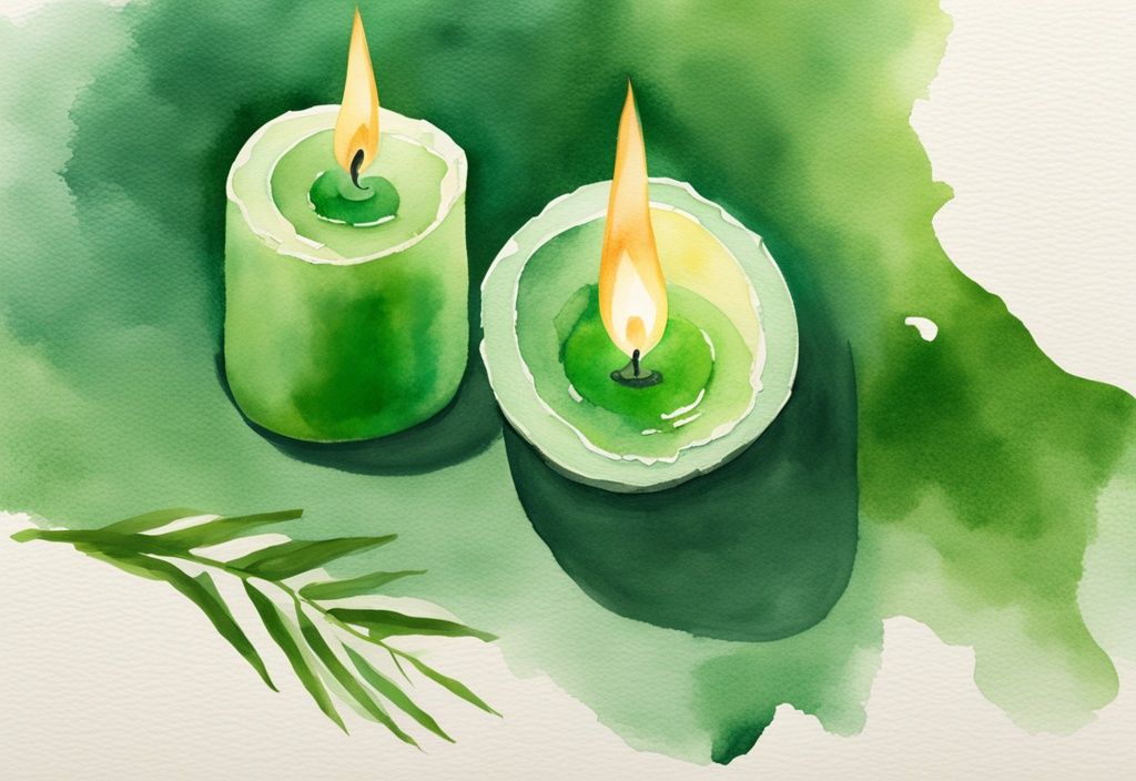 Modern watercolor illustration of a split candle with palm wax vs soy wax halves, showcasing inner texture, main color theme green.