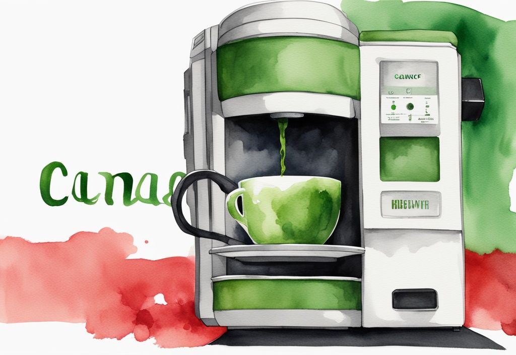 Modern watercolor illustration of a green-themed Keurig coffee maker with a prominent red warning sign reading "Cancer" on its side.