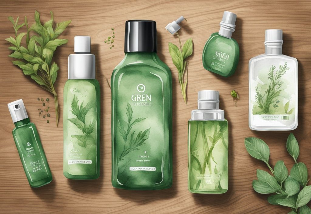 Modern watercolor illustration of green herbal essence bottles on wooden background with fresh raw herbs.