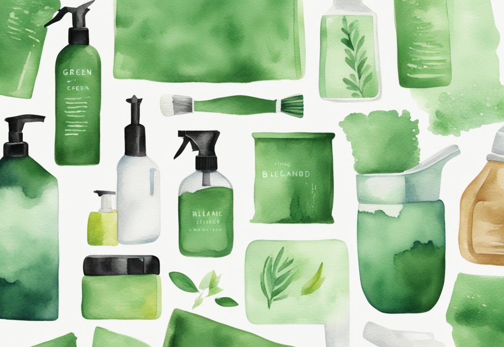 Modern watercolor illustration of Blueland's green-themed non-toxic household cleaning products with eco-friendly packaging and natural ingredients