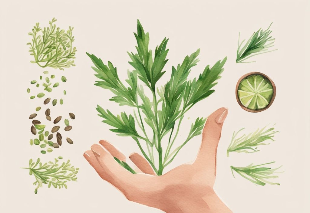 Modern watercolor illustration of a green-themed caraway plant with seeds in a safe, open hand, addressing the question "Is Caraway really non toxic?