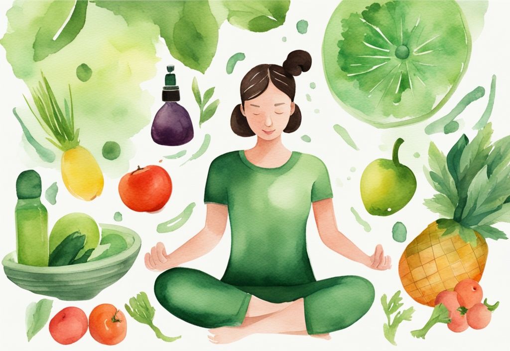 Modern watercolor illustration of green-themed organic fruits and vegetables, non-toxic cleaning products, and a person practicing yoga, promoting a non-toxic lifestyle.