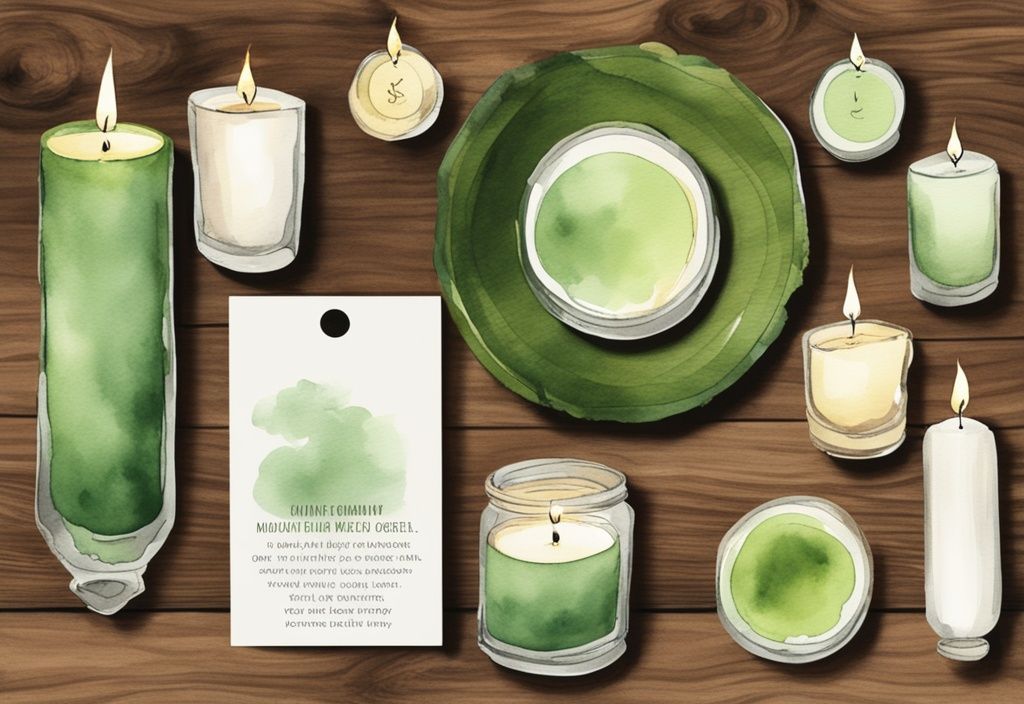 Modern watercolor illustration of green-themed non-toxic candles made from beeswax, soy, and organic materials on a rustic wooden table.