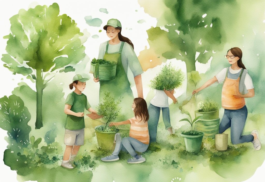 Modern watercolor illustration of a family engaged in eco-friendly activities like recycling, planting trees, and using sustainable products, with a green color theme.