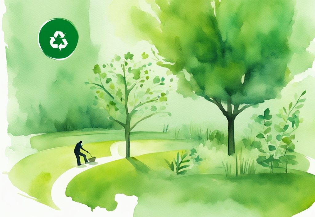 Modern watercolor illustration of a person planting a tree in a lush green park with a vibrant recycling symbol in the background.