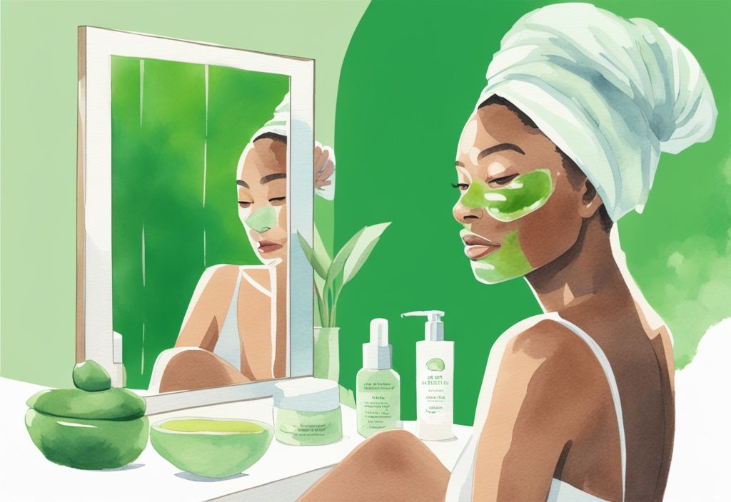 Modern watercolor illustration of green tea mask stick beside mirror reflecting clear-skinned, satisfied woman after skincare routine.