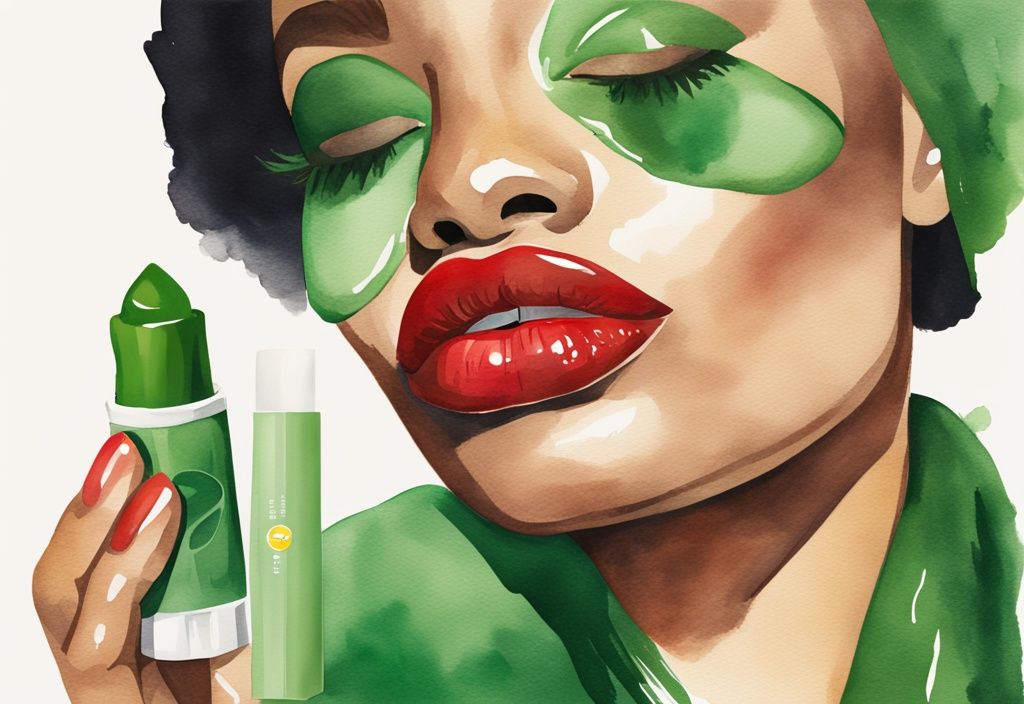 Modern green watercolor illustration with healthy lips and Carmex lip balm tube emphasizing moisturization