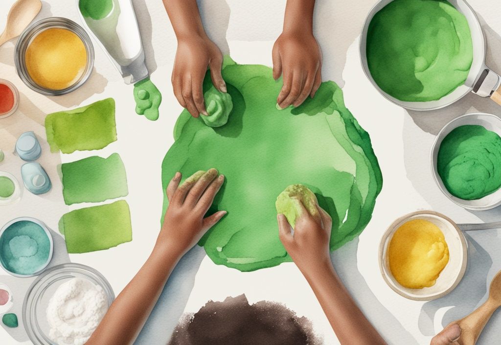 Modern watercolor illustration of hands mixing colorful homemade playdough with all-natural ingredients on a green-themed kitchen counter.