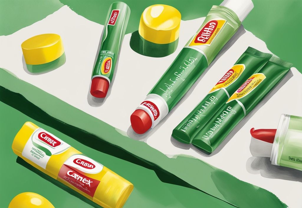 Modern watercolor illustration of Carmex lip balm products with results showing healthier, softer lips, answering the question: is Carmex good for your lips.