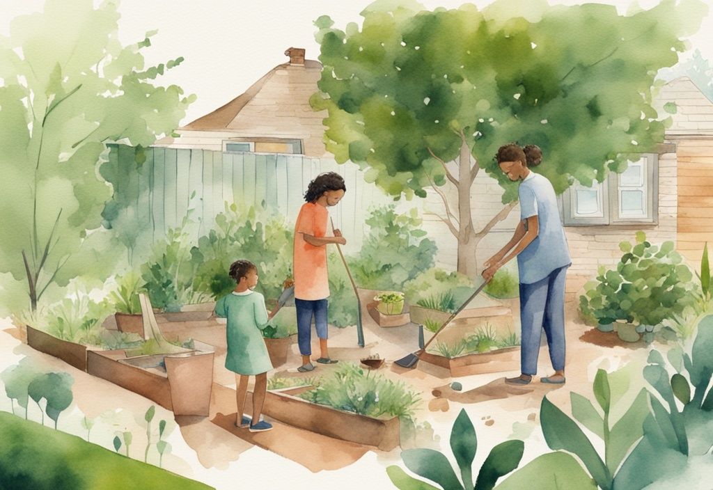 Modern watercolor illustration of a family planting a tree in their backyard with eco-friendly tools, showcasing eco friendly activities.