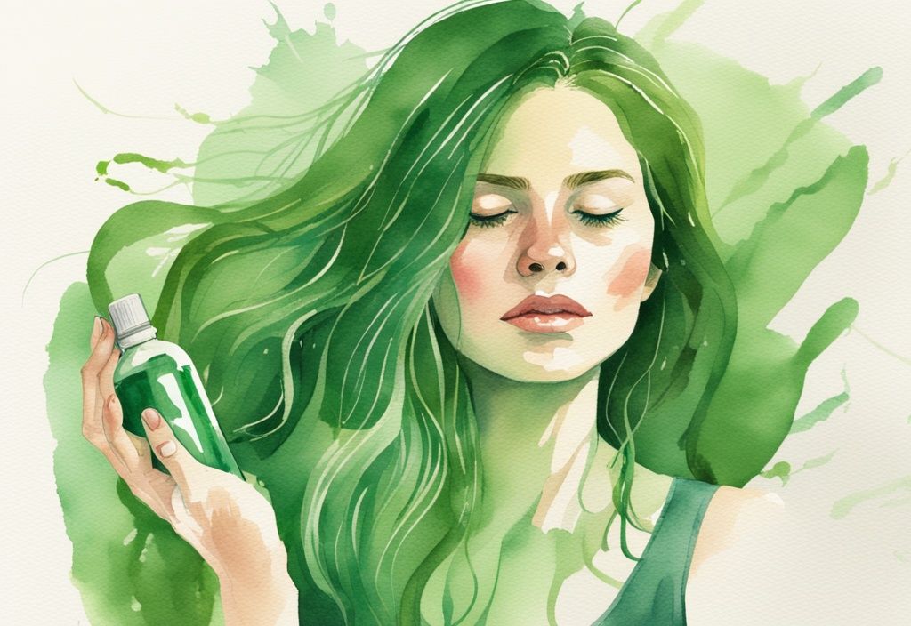 Watercolor illustration of a woman examining hair with a bottle of Native shampoo in the background, green color theme