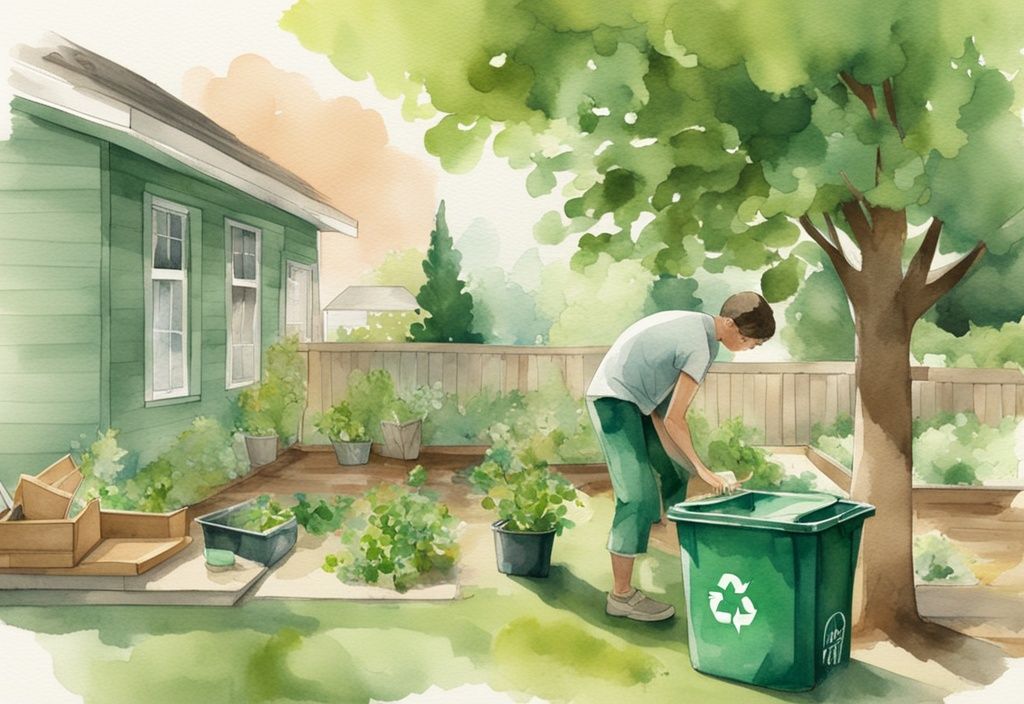 Modern watercolor illustration of a person planting a tree in their backyard with recycling bins in the background, demonstrating how to help the environment.