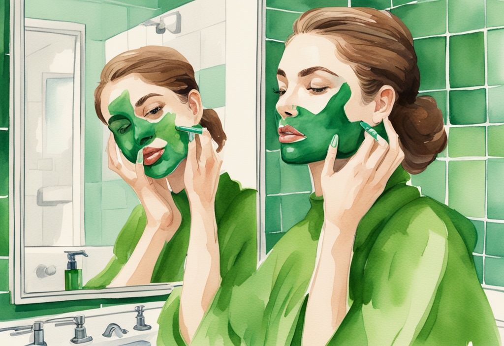 Modern watercolor illustration of a woman applying a green mask stick in front of a bathroom mirror