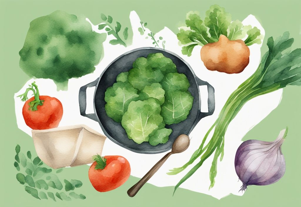 Modern watercolor illustration of a Hexclad pan with organic vegetables and green check-mark indicating non-toxic property.