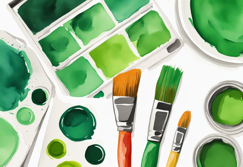 Modern watercolor illustration with green theme, non-toxic acrylic paints labeled 'best,' paintbrushes, and canvas for safe creativity.