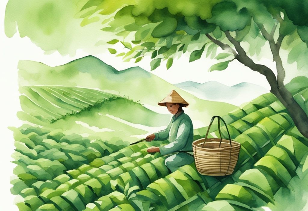 Modern watercolor illustration of a farmer handpicking green tea leaves in an organic tea plantation with a woven basket.