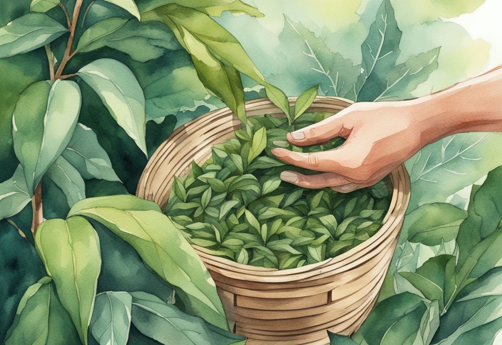 Modern watercolor illustration of hands picking tea leaves from organic bushes in a lush plantation with a wooden basket, depicting how is organic tea made.