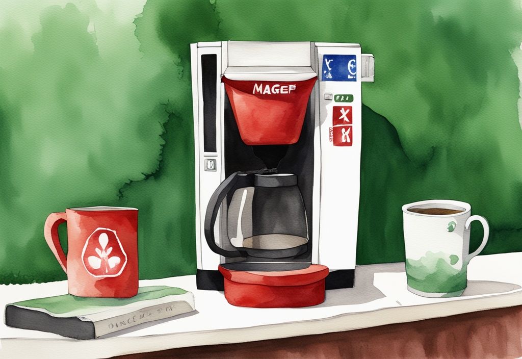 Modern watercolor illustration of a green-themed Keurig coffee maker with a prominent red "Cancer" warning sign.