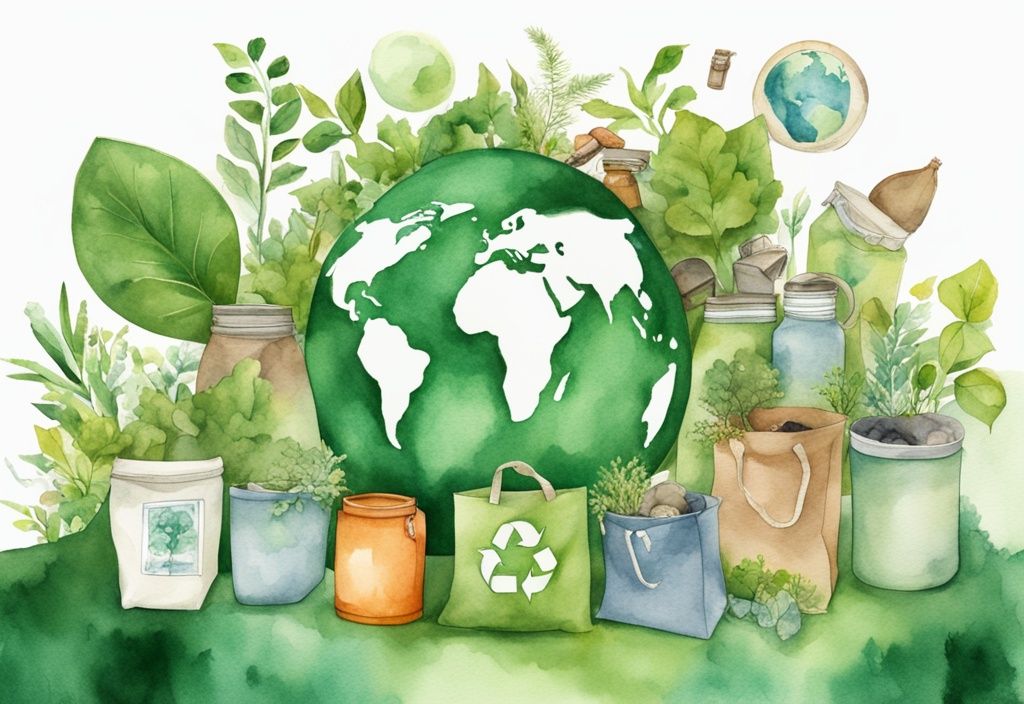 Modern watercolor illustration of a green-themed Earth surrounded by recycling symbols, cloth bags, glass jars, and compost bins, symbolizing zero waste and sustainability.