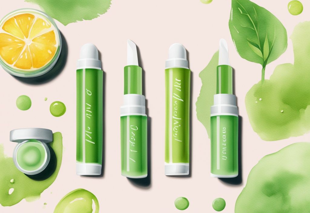 Modern watercolor illustration of vibrant, gluten-free lip balms against a fresh, natural green background, highlighting organic origins.