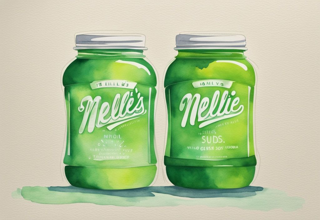 Modern watercolor illustration comparing Nellie's Laundry Soda and Molly's Suds with green color theme