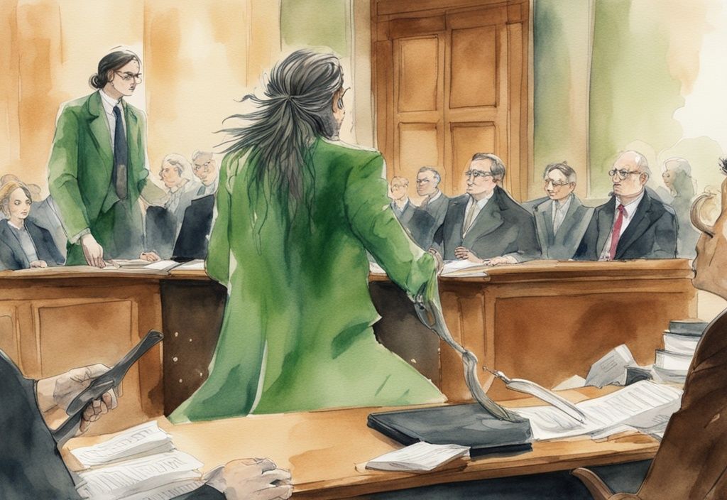 Modern watercolor illustration of a mock courtroom scene with green theme; plaintiff with long, unusual hair symbolizing prose, and defendant with scissors, highlighting prose hair lawsuit.