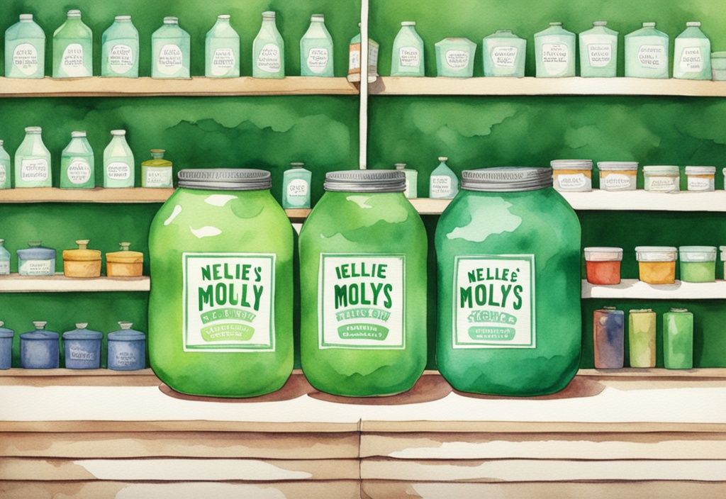 Modern watercolor illustration comparing Nellie's Laundry Soda and Molly's Suds in vibrant green theme.