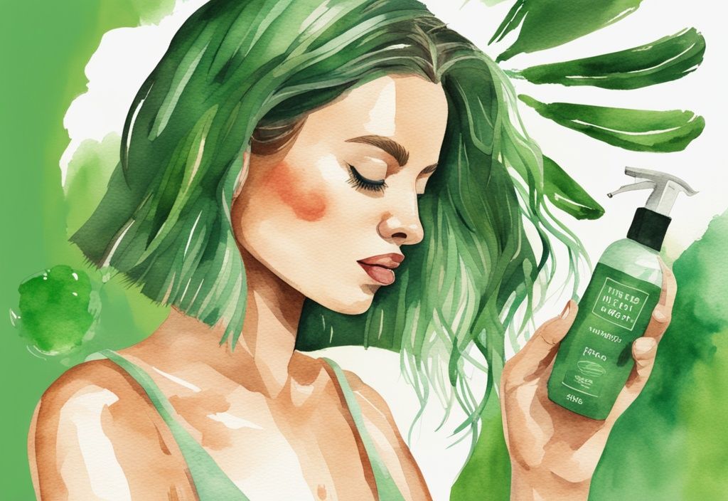 Modern watercolor illustration of a woman's hand pouring native shampoo onto the other hand, with a flaky scalp visible in the background, addressing the question: does native shampoo cause dandruff.