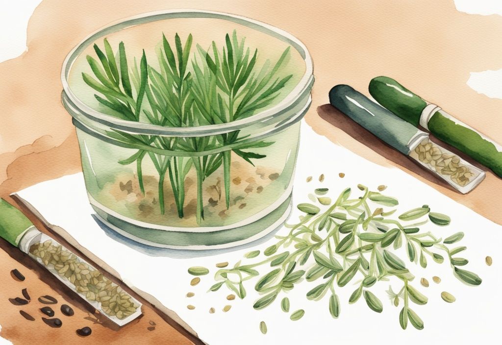 Modern watercolor illustration of a green caraway plant with seeds in an open hand, questioning "Is Caraway really non-toxic?