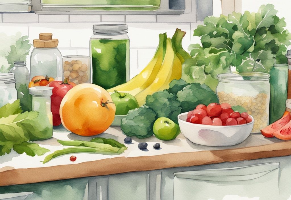 Modern watercolor illustration of a non-toxic diet with organic fruits, vegetables, grains, and lean proteins on a bright kitchen countertop.