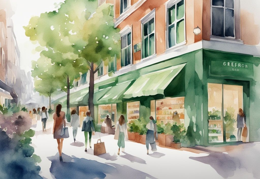 Modern watercolor illustration of a green-themed vibrant shopping street with high-end beauty retail stores similar to Sephora.