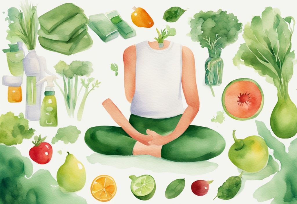 Modern watercolor illustration with green theme, organic fruits and vegetables, non-toxic cleaning products, person practicing yoga, non-toxic lifestyle concept.