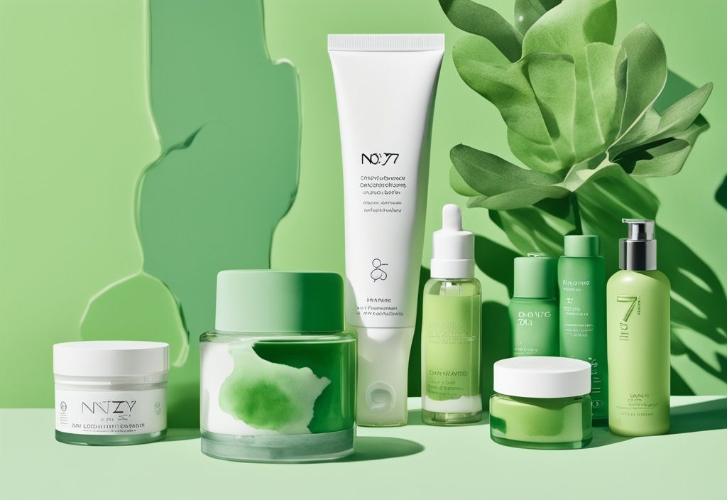 Modern watercolor illustration of No 7 cruelty-free skincare products on a sleek surface with a natural, light-filled backdrop.