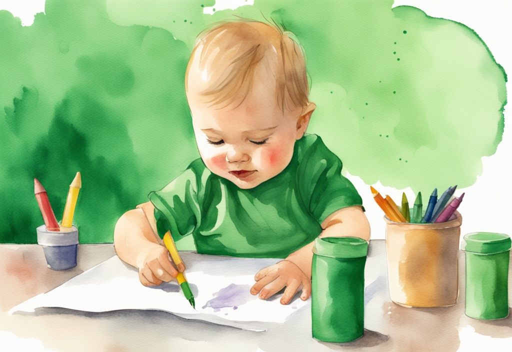 Modern watercolor illustration of a one-year-old child happily doodling on paper with vibrant non-toxic crayons for 1 year old, main color theme green.