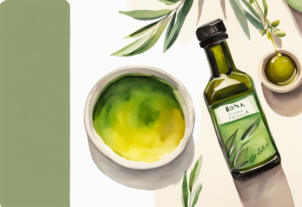 Modern watercolor illustration of Bona Furtuna olive oil bottle with a small dish of oil and prominent review rating, highlighting Bona Furtuna olive oil review.