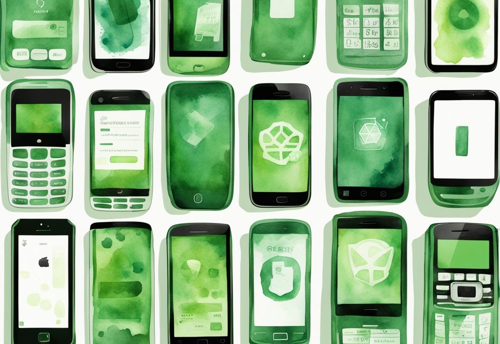 Modern watercolor illustration of sleek, green-themed cell phones with infographics showcasing best low radiation cell phones 2024.