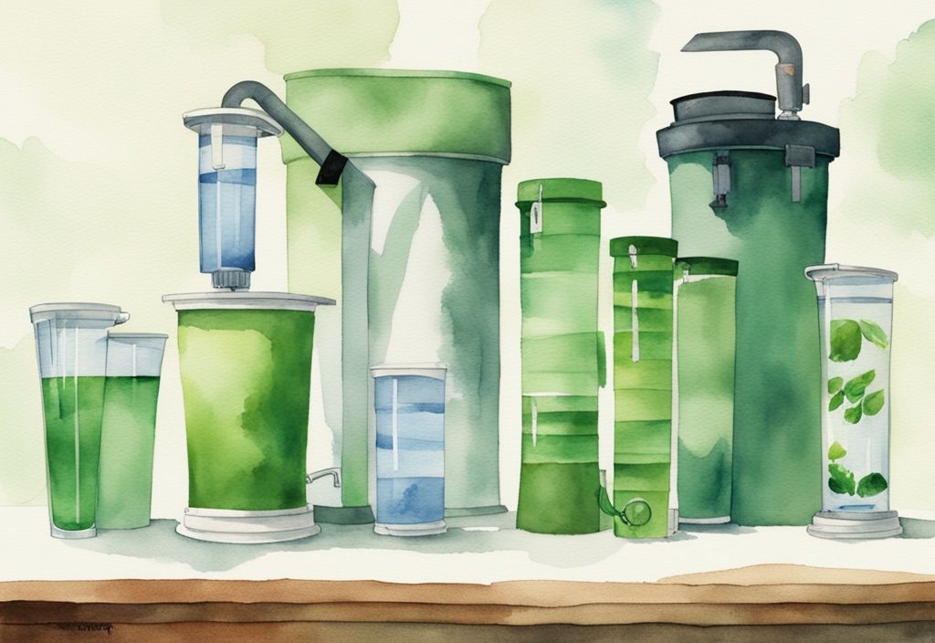 Modern watercolor illustration of top-rated water filter systems in green tones, highlighting the best Berkey water filter alternative options.