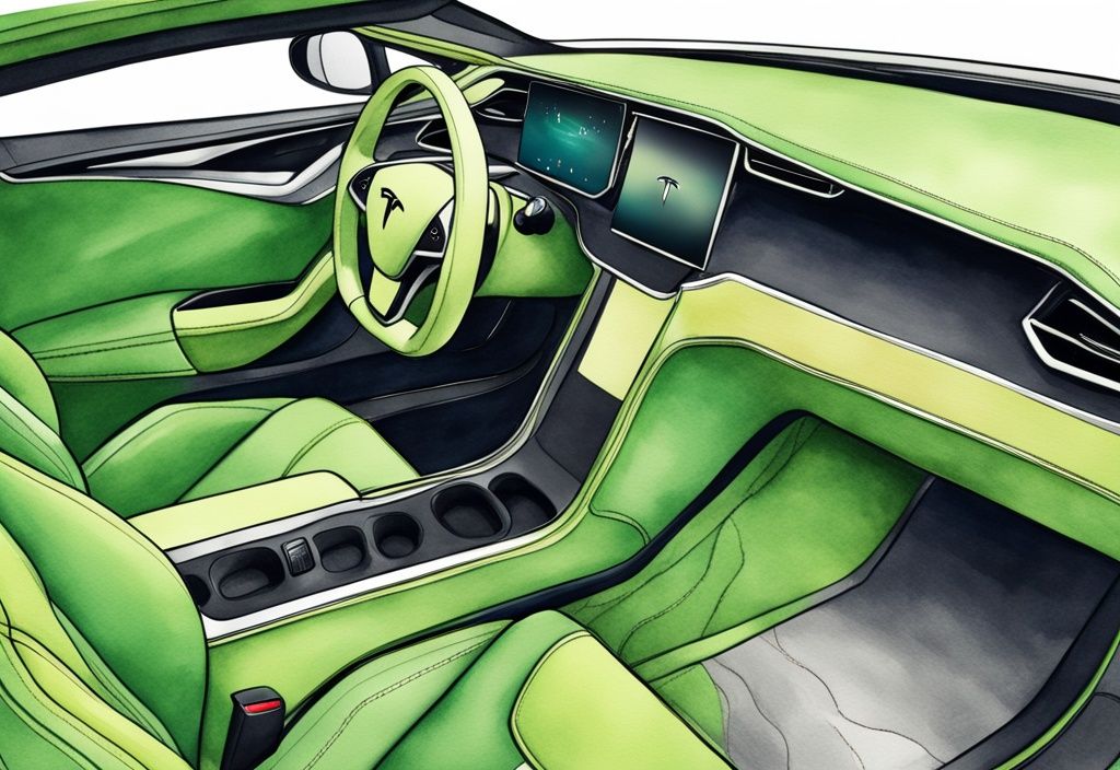 Modern watercolor illustration of green-themed plush cruelty-free vegan leather seats in a Tesla car with intricate stitching and luxurious texture.